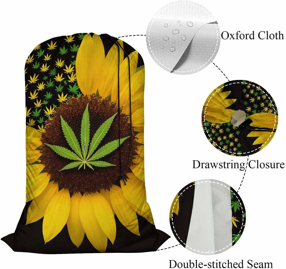 Swono Sunflower With Leaves Drawstring Portable Large Capacity Laundry Bags Summer Yellow Floral Blossom Travel Storage Bags for Apartments, Vacations, Home, 28x40 Inch