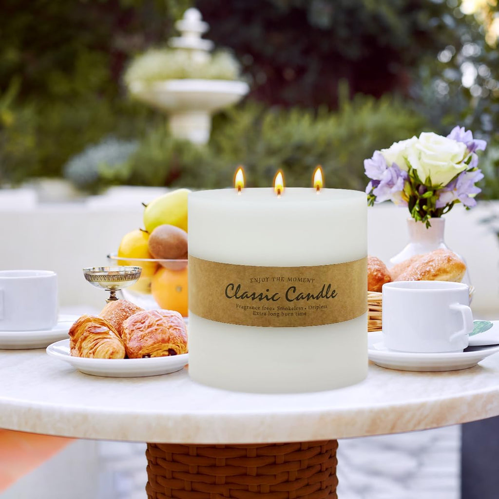 Large 3-Wick White Pillar Candle for Home Decoration - 6x6 Inch