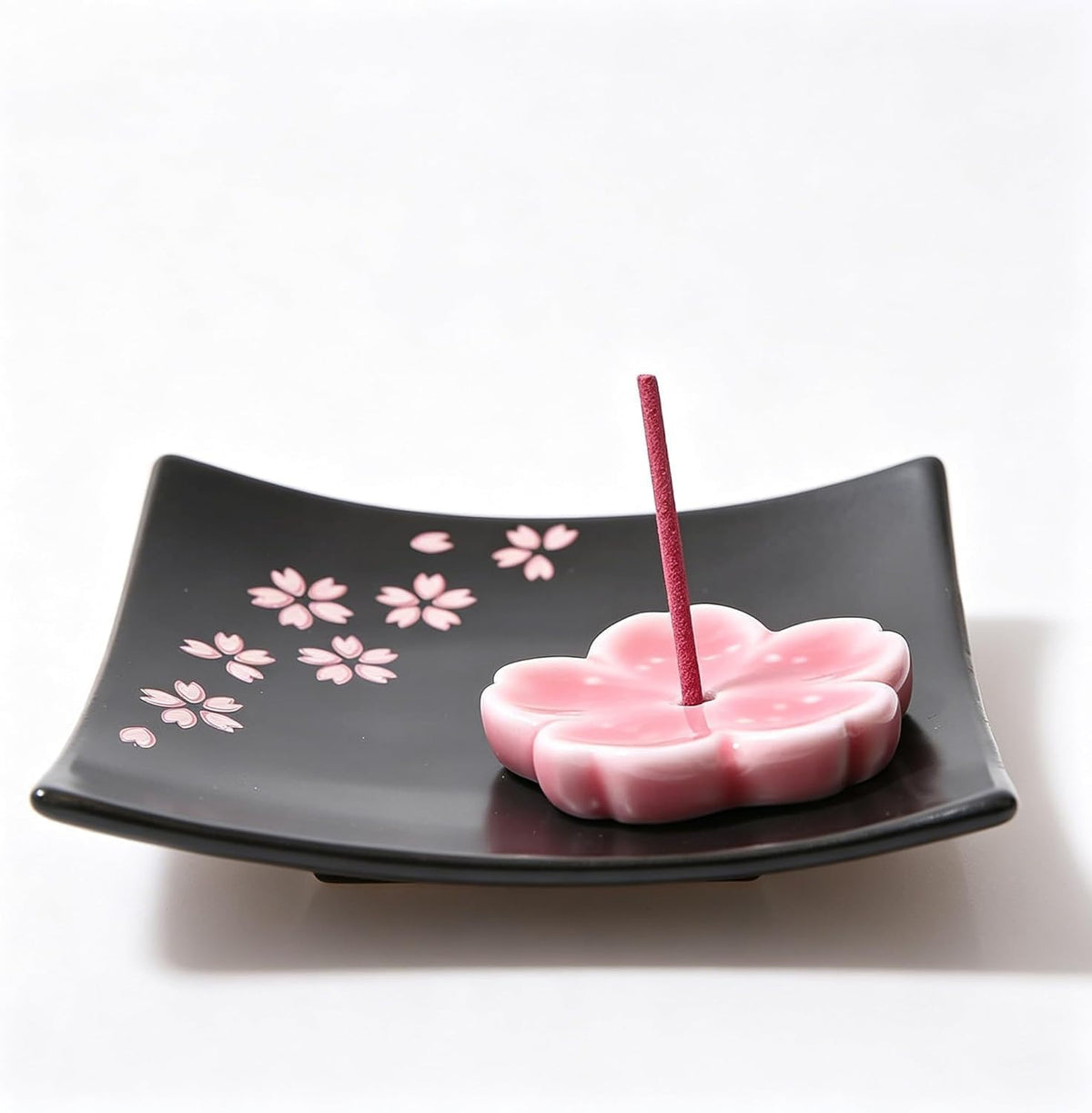 Japanese Cherry Blossom Ceramic Handmade Cute Incense Stick Holder or Incense Burner Holder, Unique Ash Catcher Inscent Tray and Decorative Gift, Home Decor 3.96 inches, Square Black