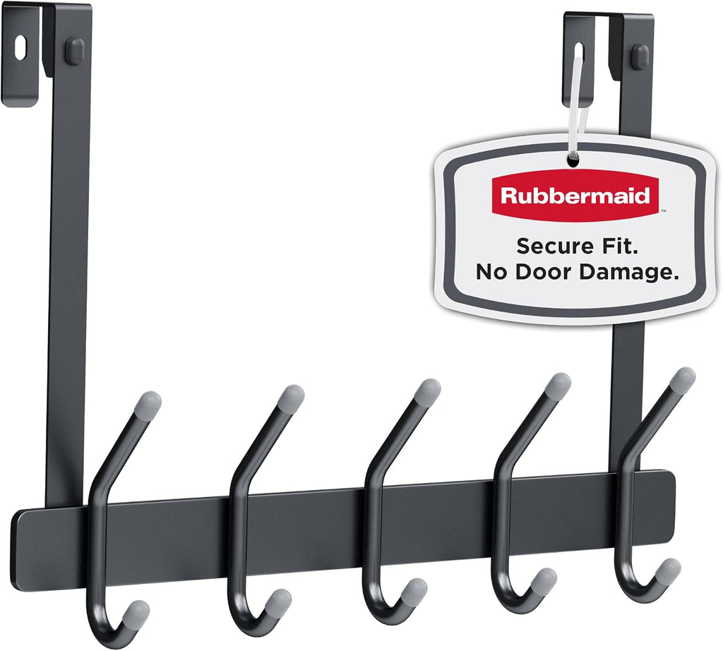 Rubbermaid Over the Door Hook Rack with 5 Double Hooks, No Drill Needed, for Towels, Robes, Hanging Accessories in Bathroom, Bedroom, Closet, Dorm, Gray