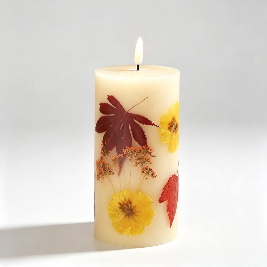 Fall Flameless Pillar Candles, Battery Operated with Remote & Timer, Real Wax Embedded Maple Leaf & Marigold, Straight Edge Unscented Led Candles for Halloween Thanksgiving Harvest Home Decor