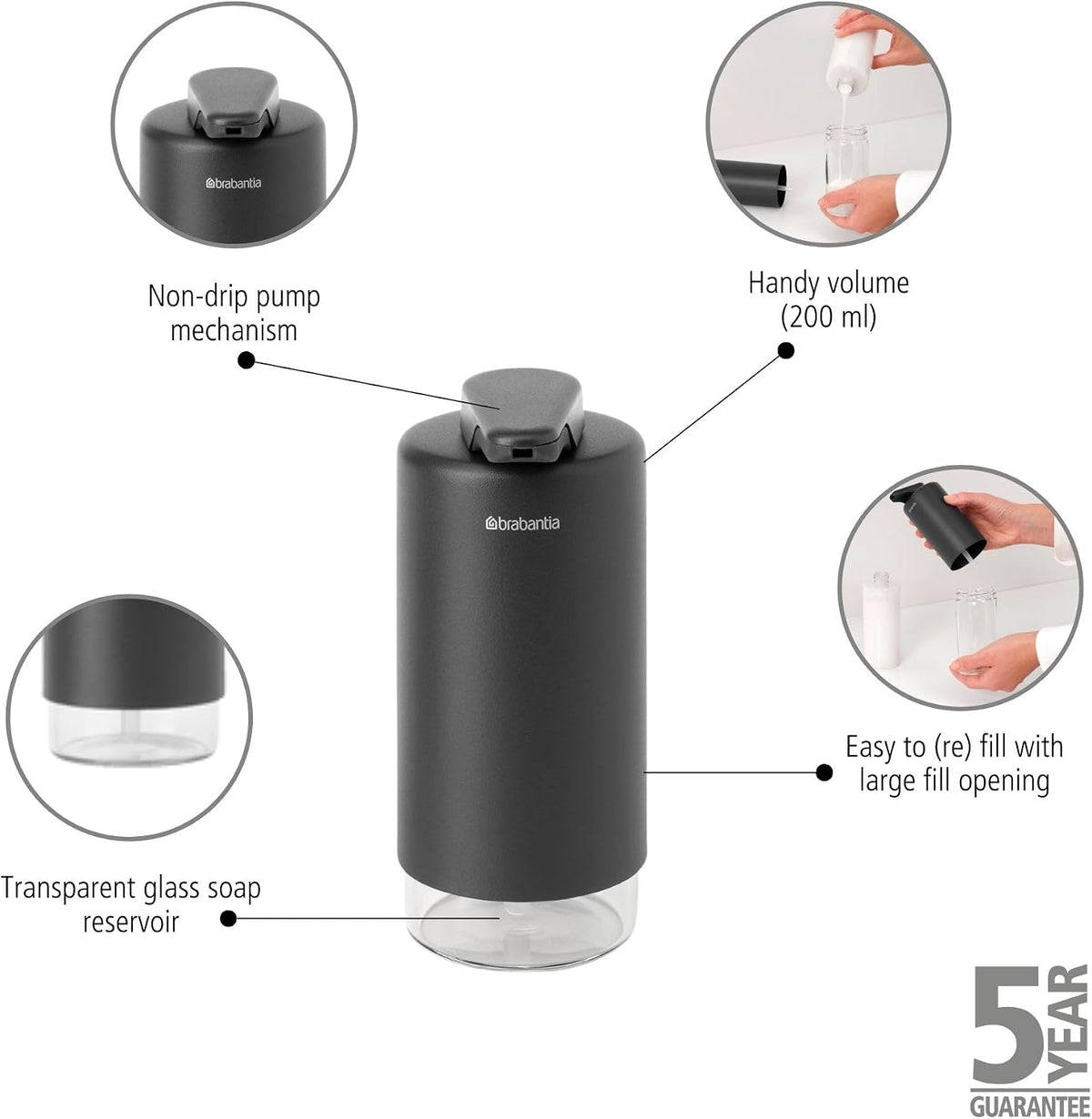 Brabantia SinkStyle Soap Dispenser – Stylish Pump Dispenser for Hand Soap and Dishwashing Liquid – Organizer, Corrosion-Resistant, Mineral Infinite Gray, 6.8oz