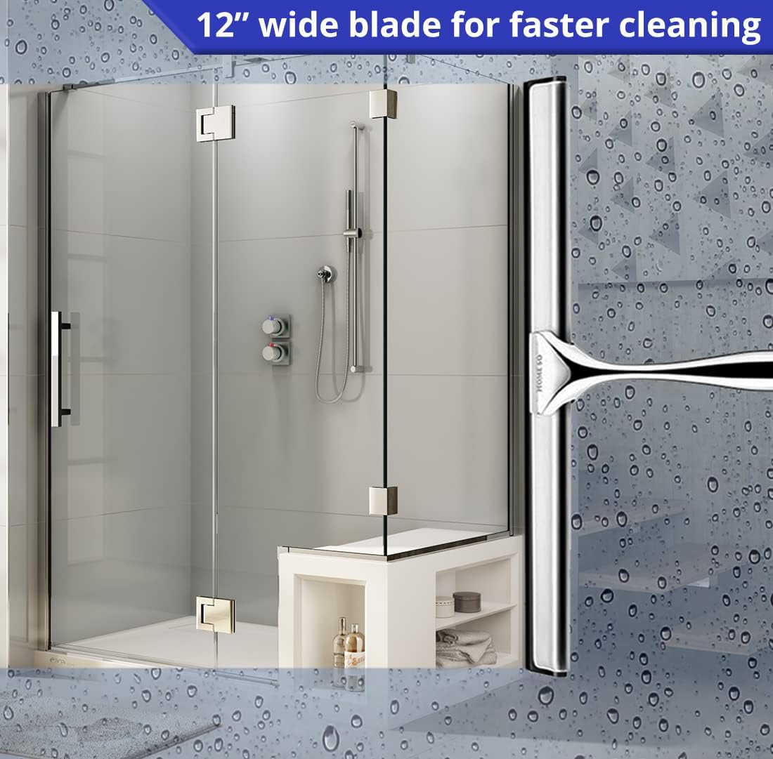 HOME SO Stainless Steel Shower Squeegee, Chrome Silver 12" Rubber Blade