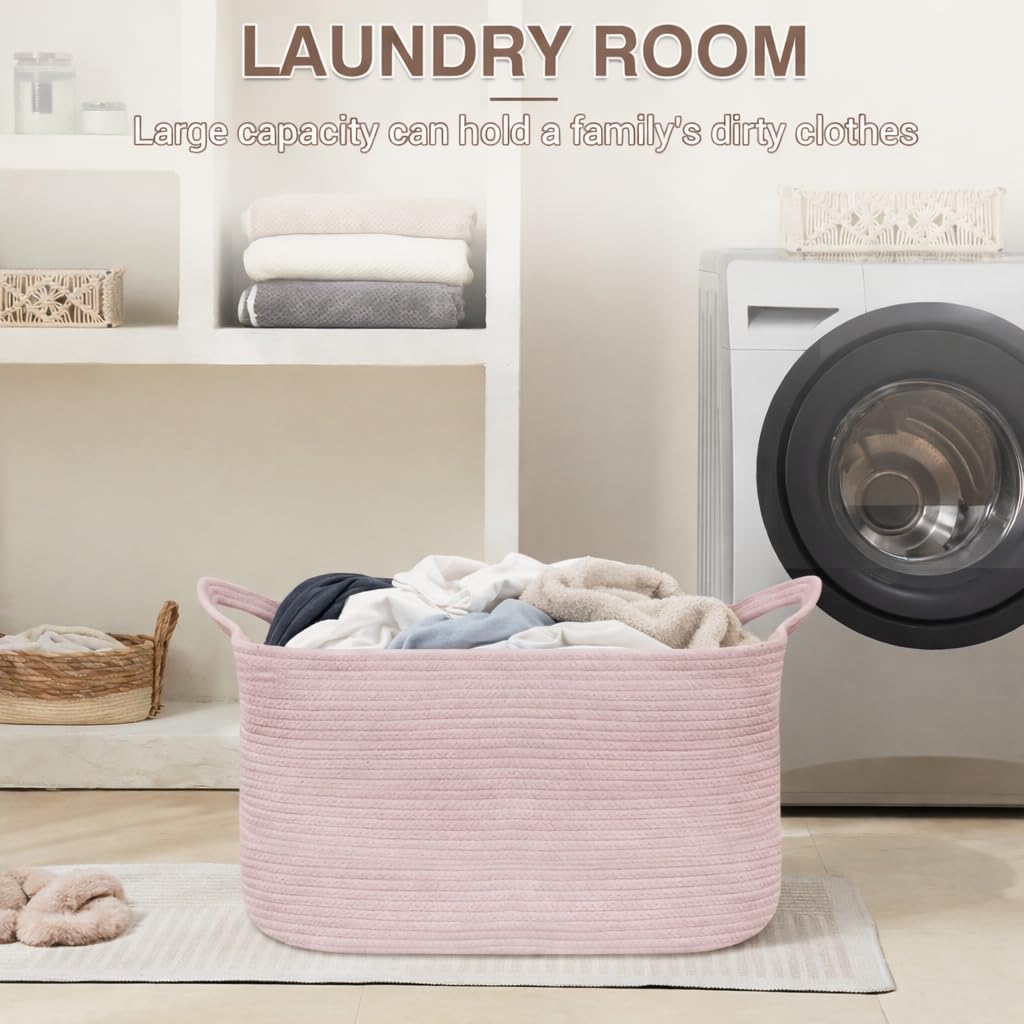YOUDENOVA Large Blanket Basket, Rectangle Cotton Rope Storage Basket, Pink