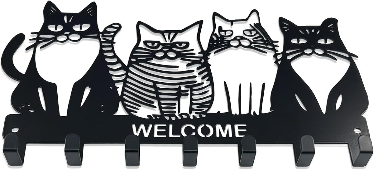 Key Holder for Wall, 11.88'' x 7'' Black Metal Cat Shape