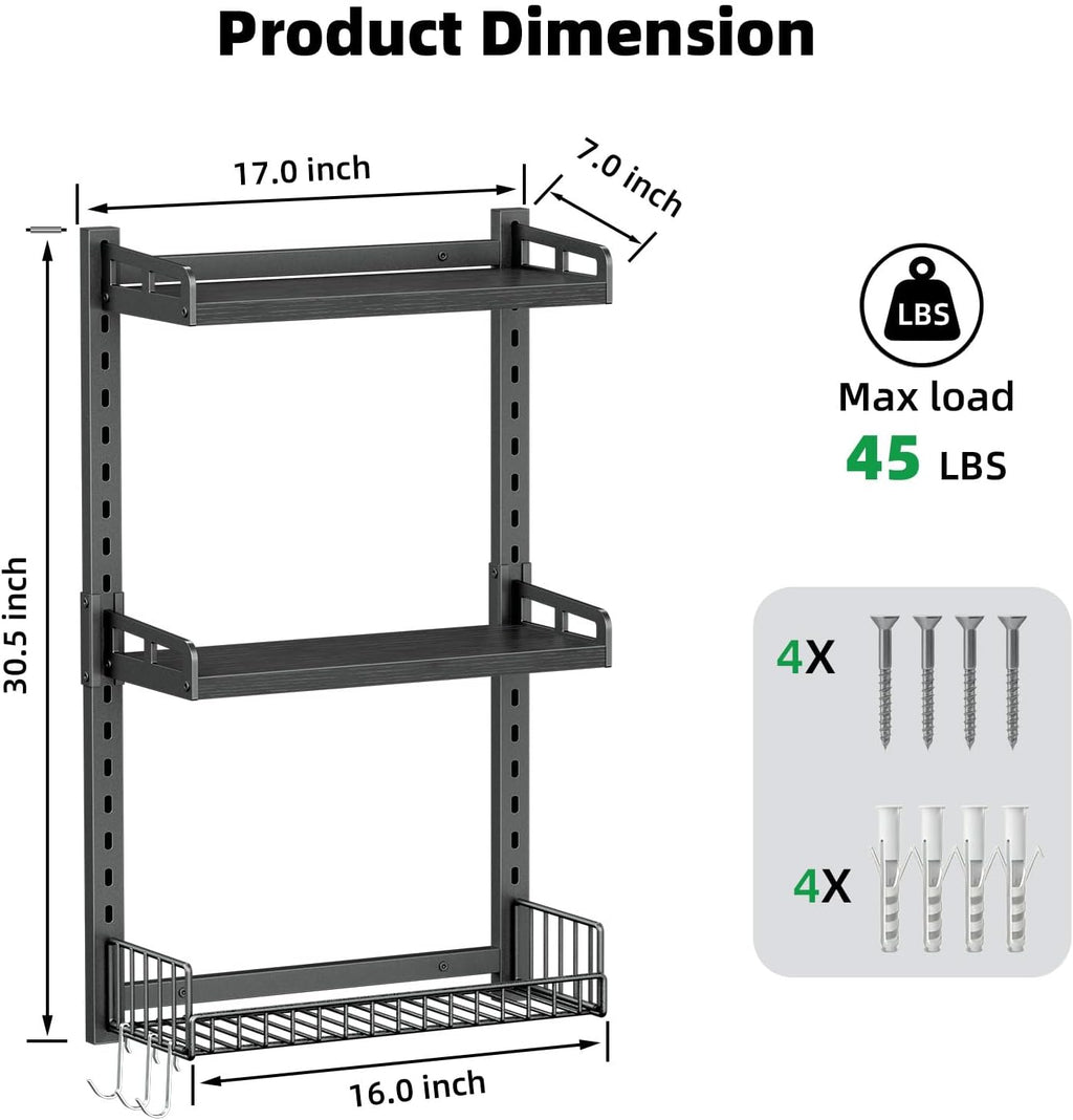 Kalrin 3 Tier Bathroom Shelves Over Toilet - Wall Mounted Floating Shelves with Drain Basket, Toilet Paper Storage, Height Adjustable Over The Toilet Storage, Pure Black