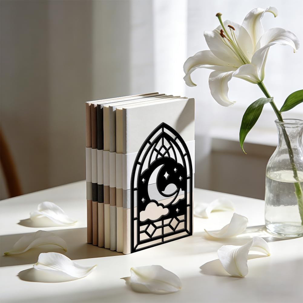 WADORN 1 Pair Metal Decorative Bookend for Shelves, Gothic Window Design