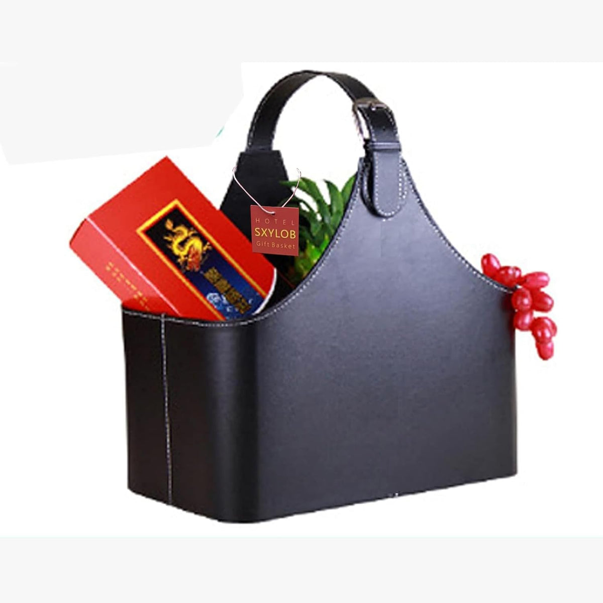 Leather Gift Basket,Magazine Newspaper Holder/Racks,Storage Organizer for Wine Flowers Fruits Candys,for Holiday Presents Christmas Display (Black #2)