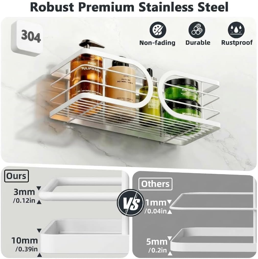 Shower Caddy 3 Pack with Soap Holder No Drill Wall Mounted 304 Stainless Steel Durable Large Capacity Adhesive Shower Rack Organiser Quick Dry Rustproof Bathroom Storage Shelves(White)