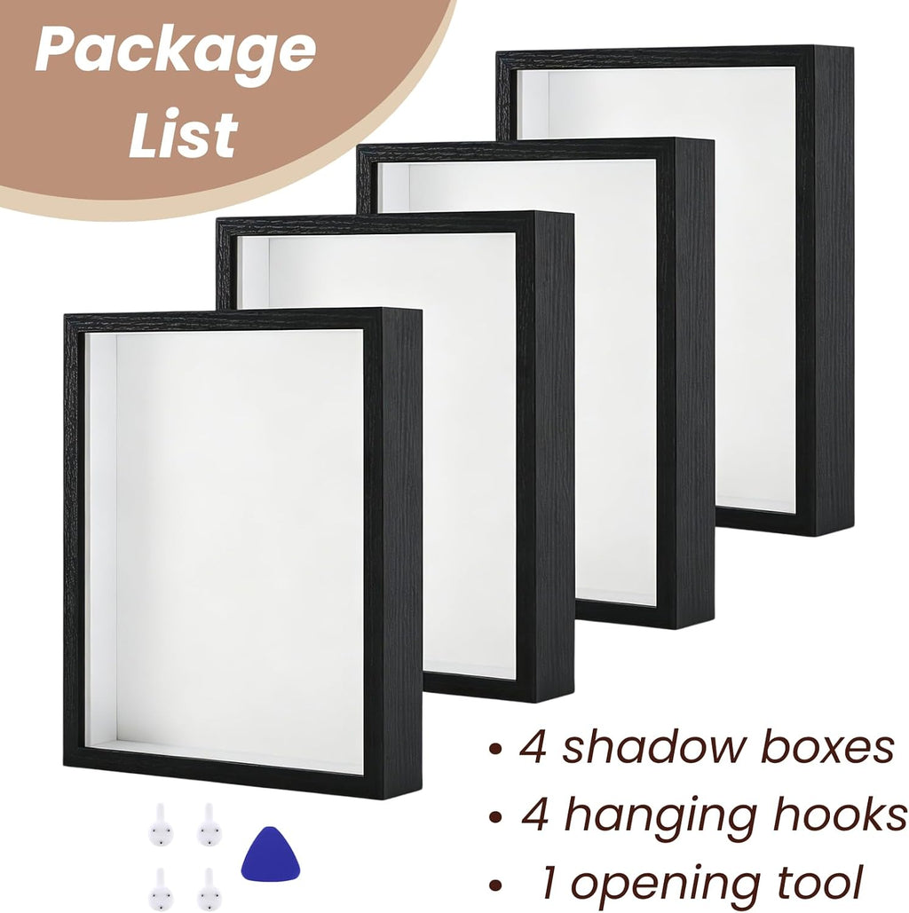 4 Pack Shadow Box Frame Display Cases, 8"x10" Wood Shadow Boxes