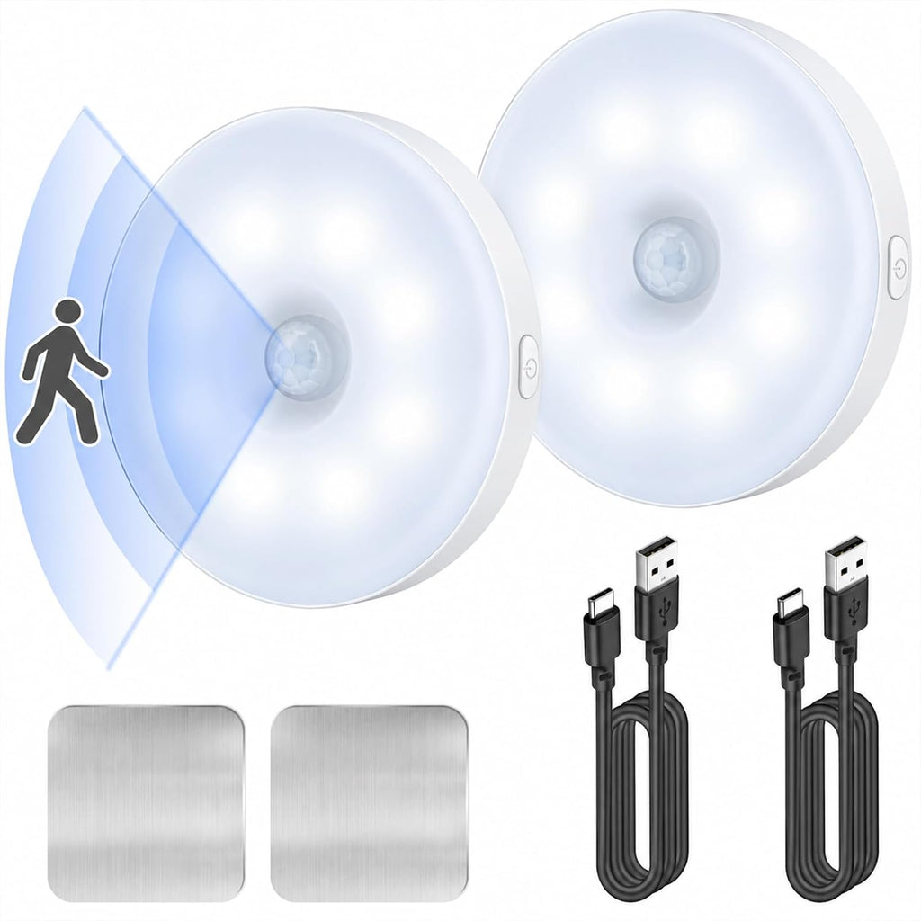 DWEPTU Motion Sensor Light Indoor, 3 Light Modes, Dimmable Cool White, Rechargeable Night Lights, Magnetic Puck Lights for Cruise Cabinet Bathroom Hallway Stairway (2 Pack)