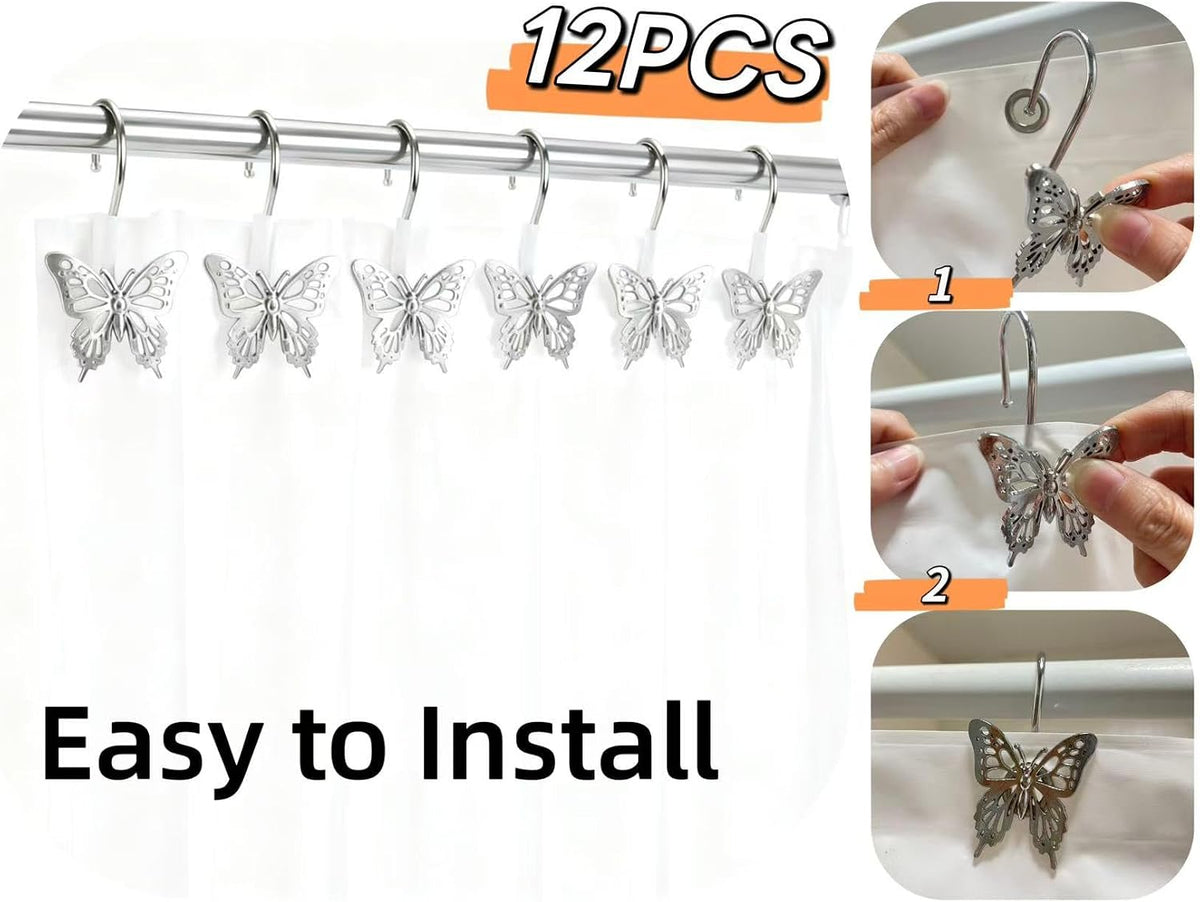 12PCS Decorative Shower Curtain Hooks, Metal Shower Curtain Rings, Rustproof Shower Curtain Hanger for Bathroom, Elegant Butterfly Design (Silver)