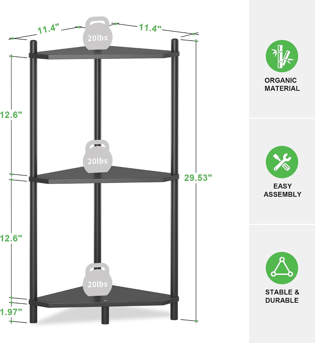 Wisuce Black Small Corner Shelf Stand, 3-Tier Bamboo Corner Bookshelf