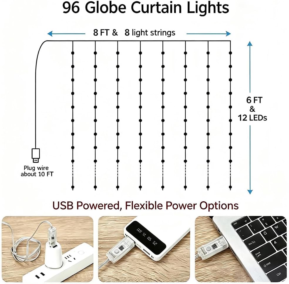 Curtain String Lights 8ft x 6ft, 96 LED RGB Color Changing Lights