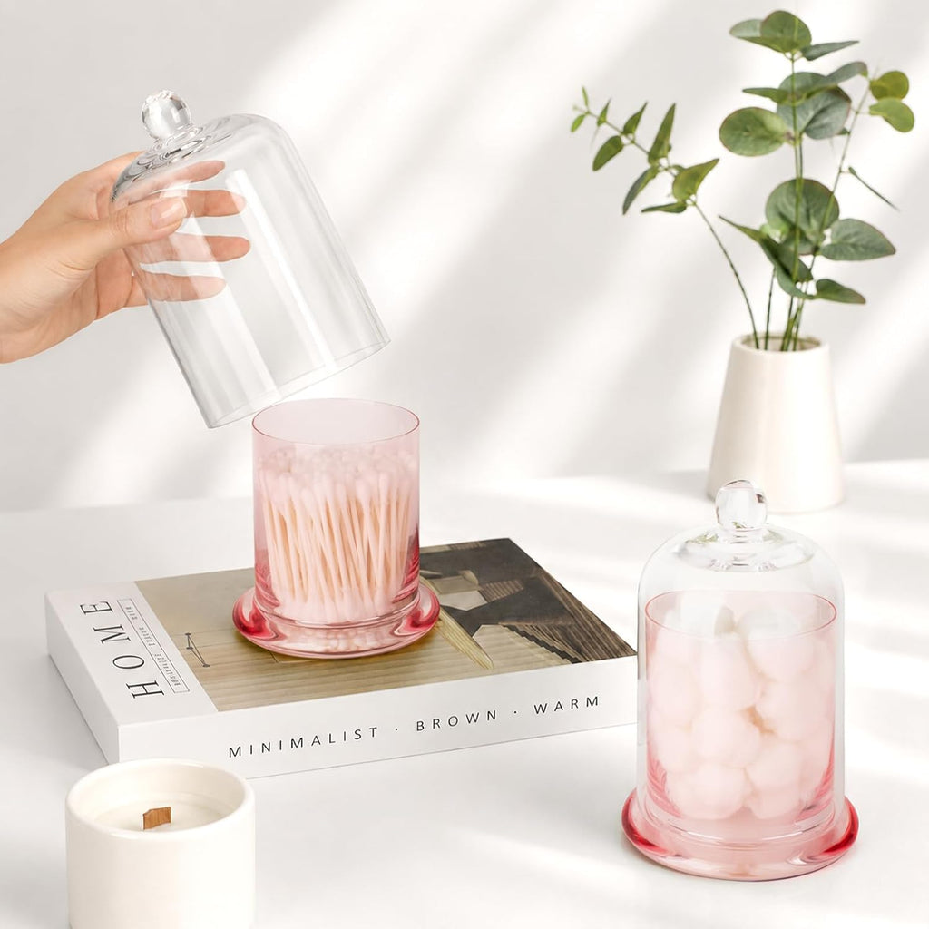 rejomiik Qtip Holder Glass Apothecary Jars with Lids Bathroom Storage Pink