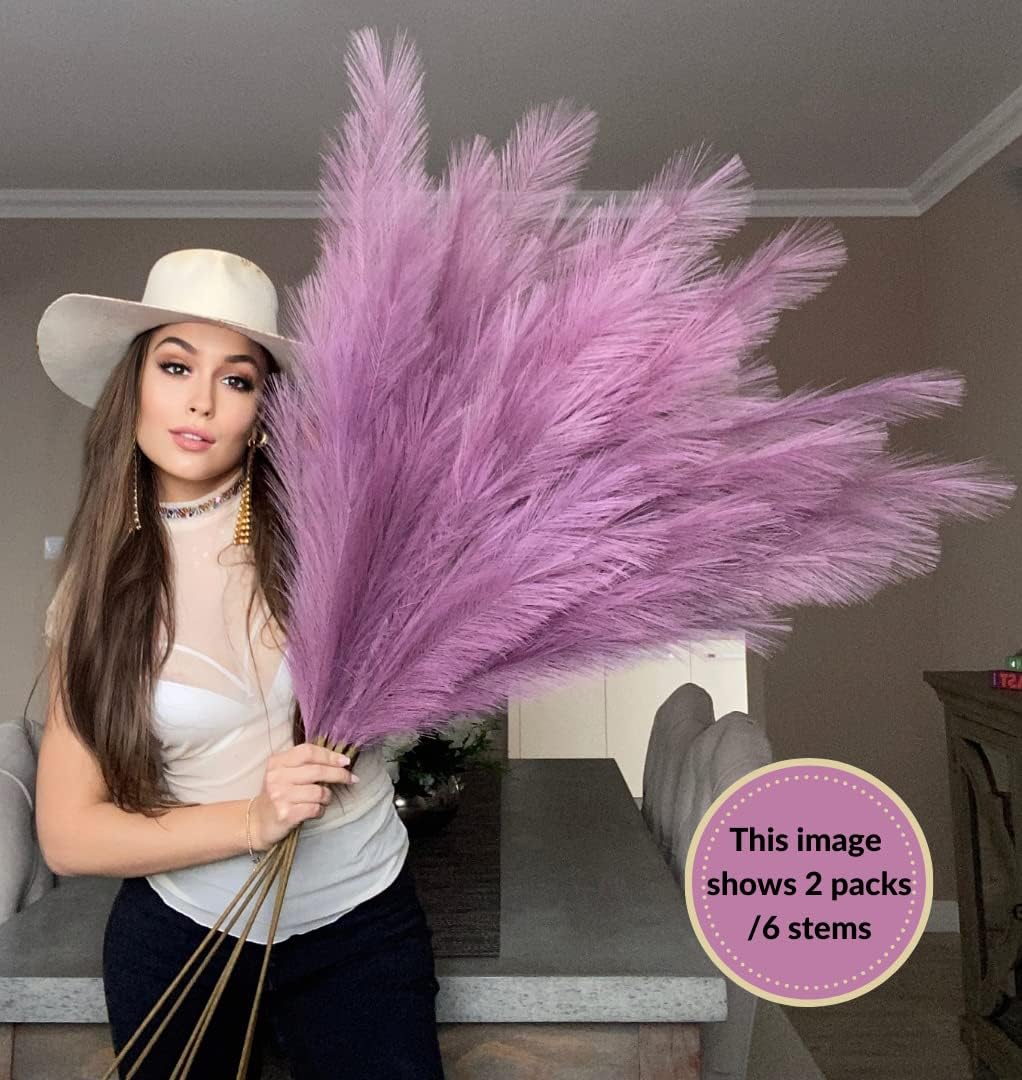 Lilac Purple Fake Artificial Faux Pampas Grass Large Bundle 3 Tall 115cm 45" Extra Fluffy Stems 18 Decorative Branches Artificial Floor Plant Vase Fillers Boho Chic White Home Living Room Decor