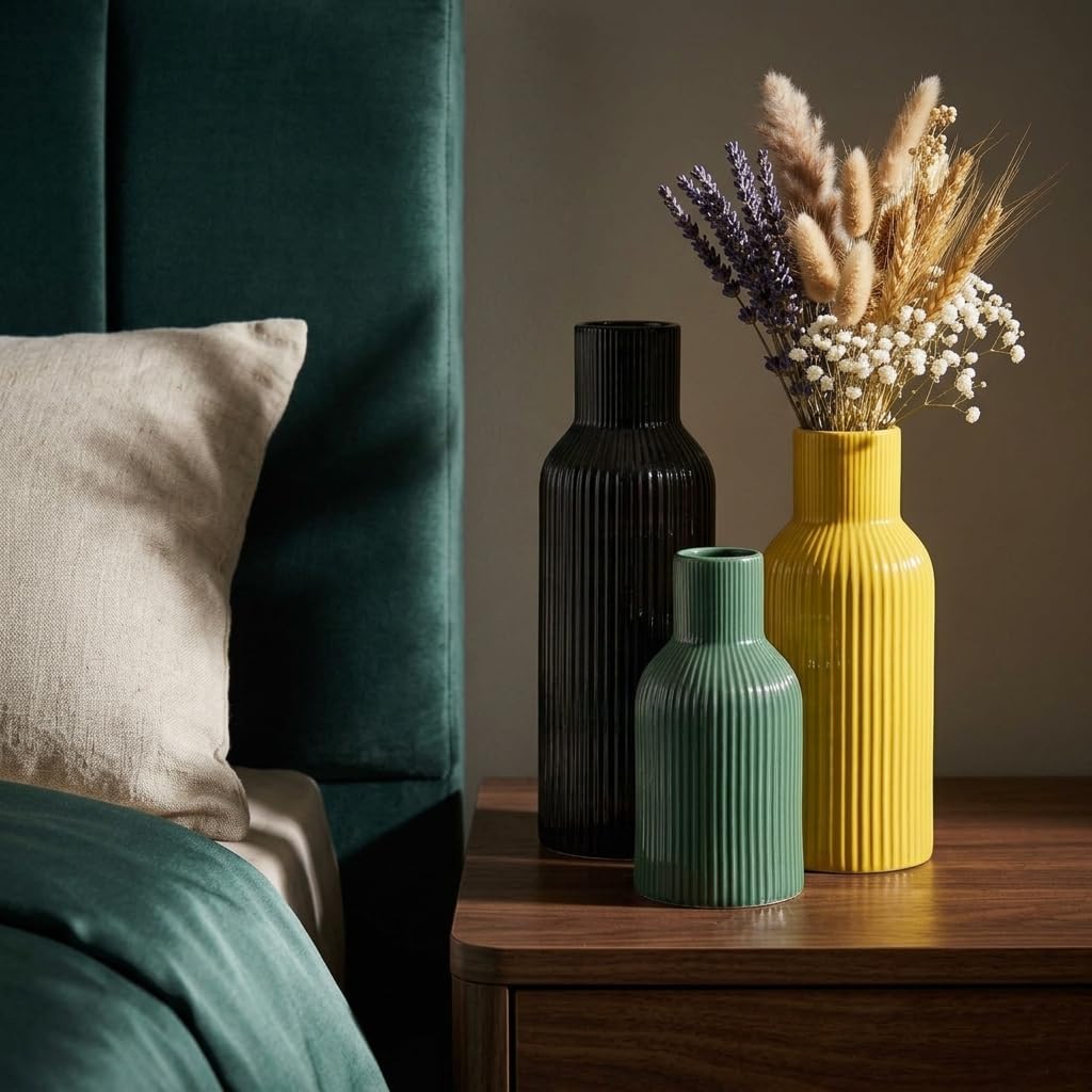 Colorful Ceramic Vases Set of 3,Smooth Vertical Ribbed, Minimalist for Pampas Dried & Fresh Flowers, Centerpiece for Living Room, Shelf, Entryway, Wedding (Black, Deep Green,Yellow)