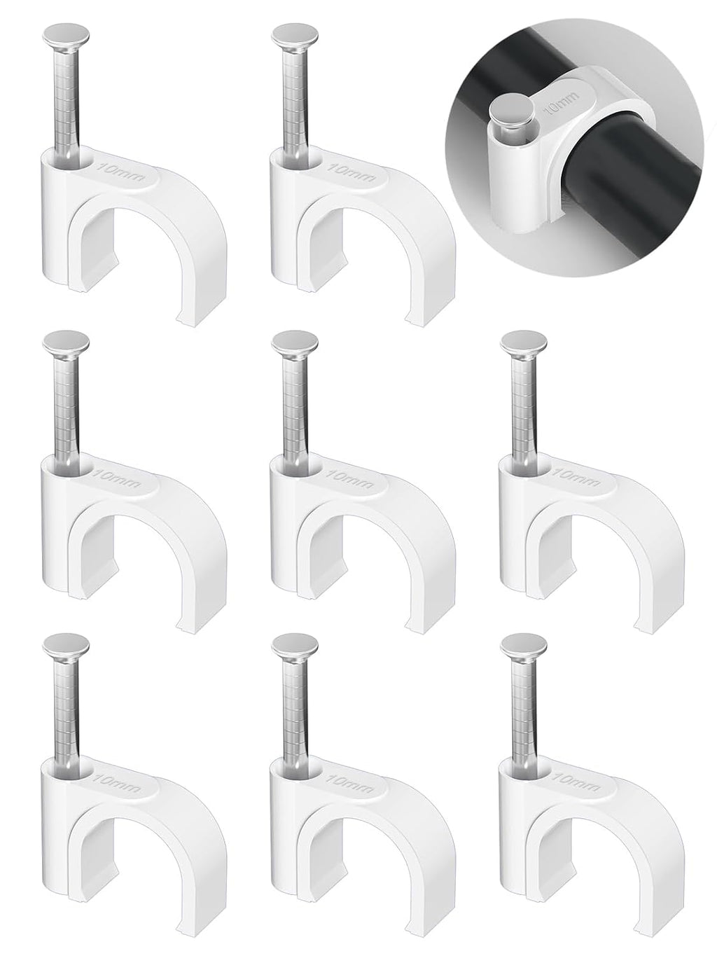 Jadaol Cable Clips 100Pcs 10mm Nail in Clips for Round Ethernet Cables Wall Clips Cable Tacks Electrical Wire TV Cable Speaker Wire Coax Clips Cable Nails for Cord Cat5/Cat5e/Cat6/Cat7 RJ45 Cord Clips