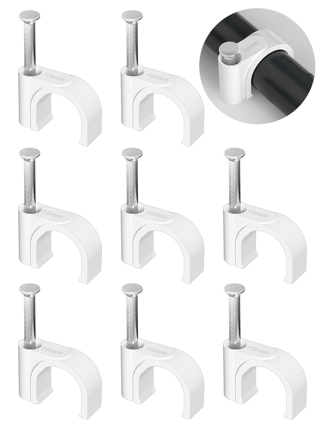 Jadaol Cable Clips 100Pcs 10mm Nail in Clips for Round Ethernet Cables Wall Clips Cable Tacks Electrical Wire TV Cable Speaker Wire Coax Clips Cable Nails for Cord Cat5/Cat5e/Cat6/Cat7 RJ45 Cord Clips