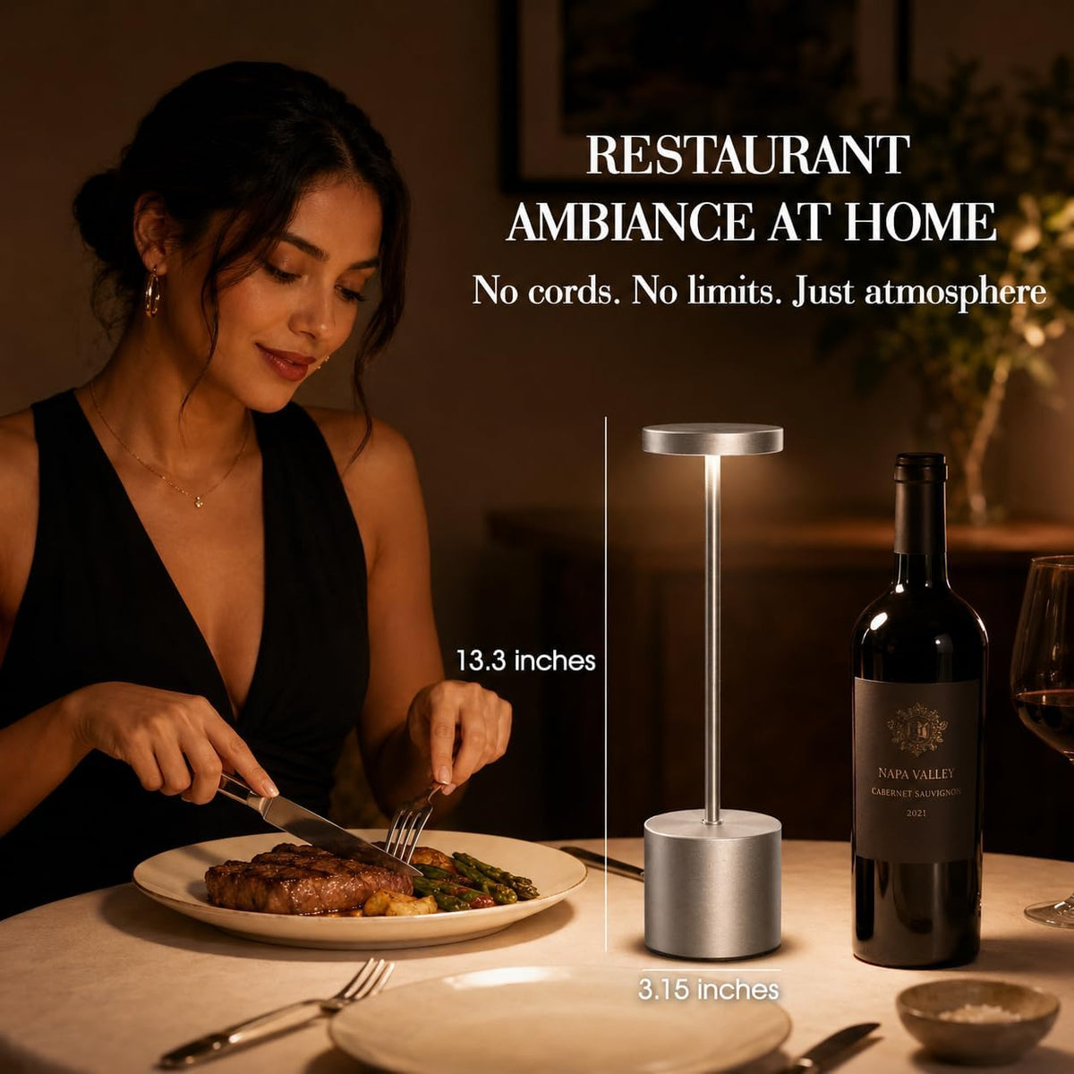 AUDLES Silver Rechargeable Table Lamps 2 Pack, Cordless Battery Operated LED Desk Lamp with Touch Control, 3 Color Temperatures, Dimmable Portable Lamps for Bedroom, Dining Room, Patio, Restaurant