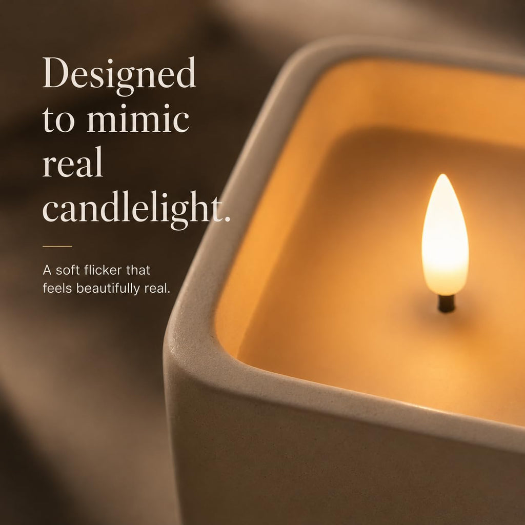 Flameless Candle - Square LED Candle with Real Wax in a Cement Base |Battery Operated, 500+ Hours | Housewarming Gift, Home Décor, Bathroom, Coffee Table (Ivory)
