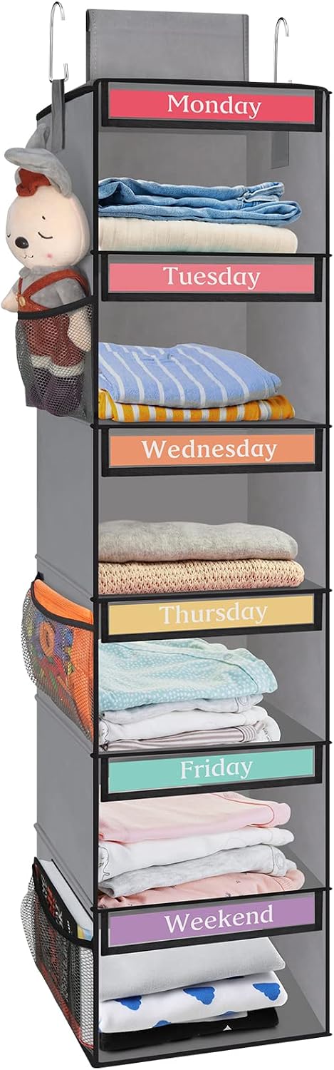Fixwal Weekly Kids Clothes Organizer 6-Shelf Hanging Closet Storage Grey
