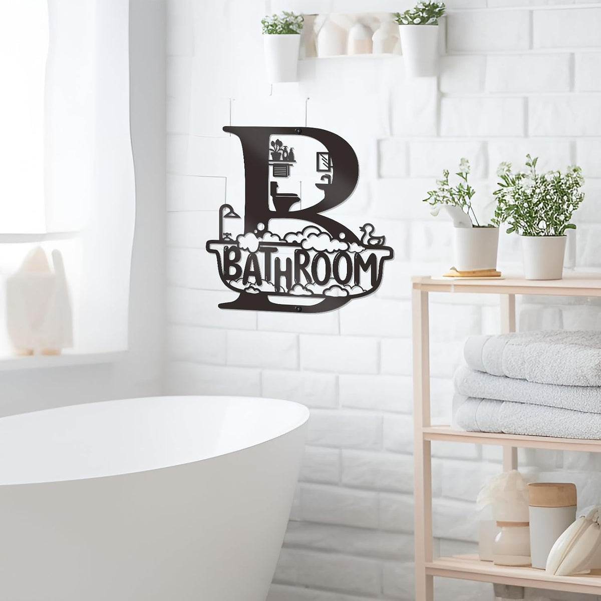 Bnesi Black Bathroom Wall Decoration, Modern Metal Bath Decor Wall Art Sign
