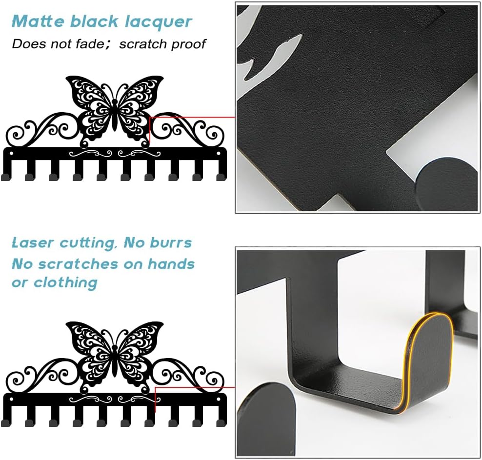 SUPERDANT Butterfly Metal Key Hook Curly Pattern Decorative 10 Hooks Black Key Hanger Organizer Wall Hanging Hooks Personalized Holder Rack Dog Leash Hanger for Home Wall Front Door 13x5.9in