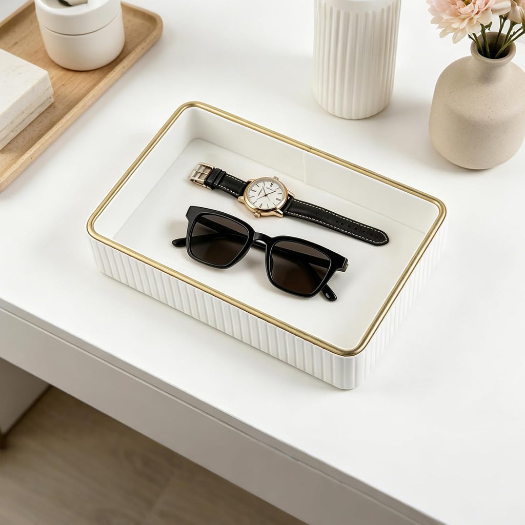 PU Leather Valet Tray,Desk Organizer Tray Nightstand Organizer Trinket Dish Storage Key Bowl Decorative Trays for Phone Wallet Jewelry Watch,Bathroom Bedroom Perfume Vanity Trays,Cream