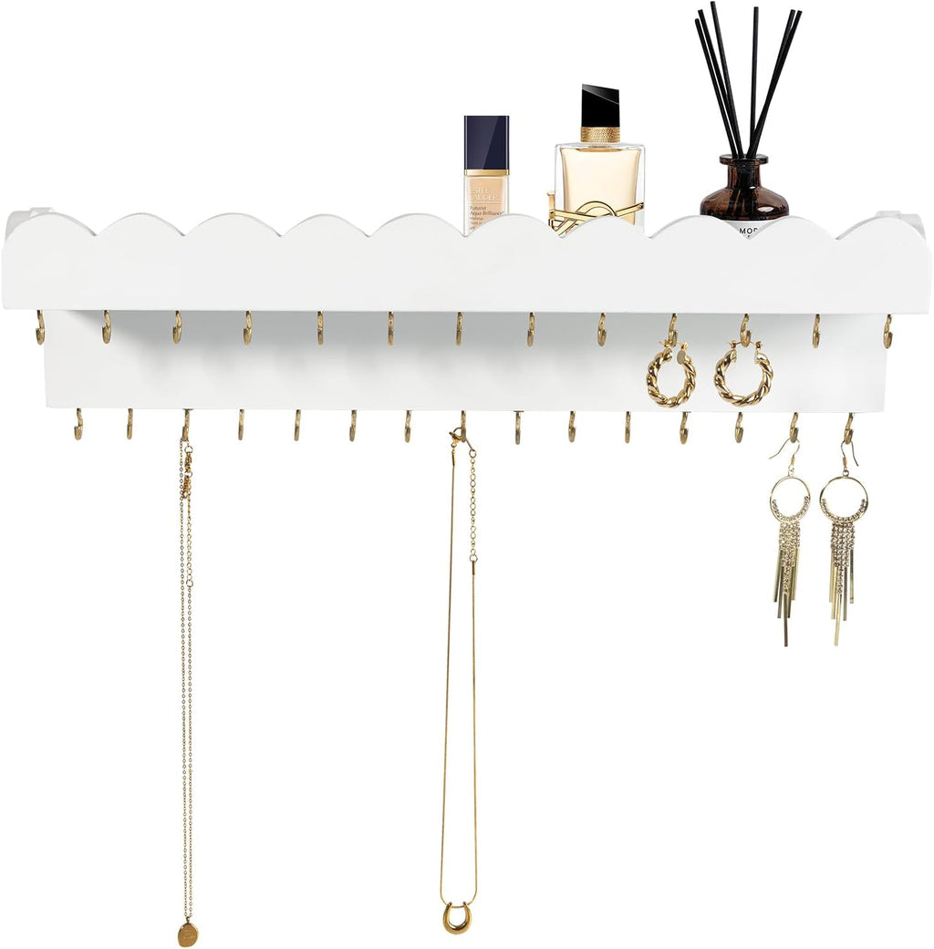 Wall Mount Jewelry Organizer with 28 Hooks and Cosmetics Shelf, Modern Wood Hanging Jewelry Holder for Necklaces, Bracelets, Earrings and Rings, White