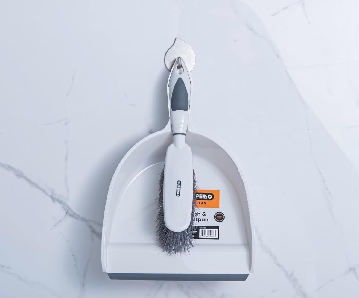 Dustpan and Brush Set, Hand Broom with Ergonomic Grip Handle - Rubber Edge for Easy Dirt Pickup, Durable Material - Grey & Blue Hand Brush by Superio, 2-Pack (‎Blue & Grey)