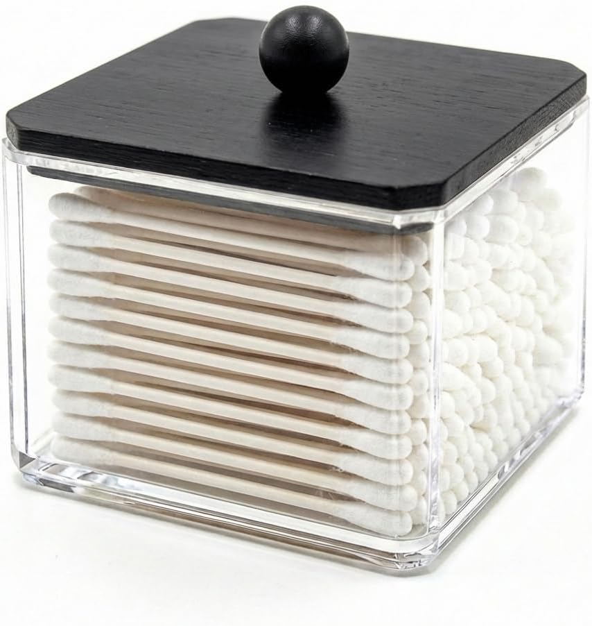 SheeChung 1 Pack Square Acrylic Qtip Holder with Black Wood Lid