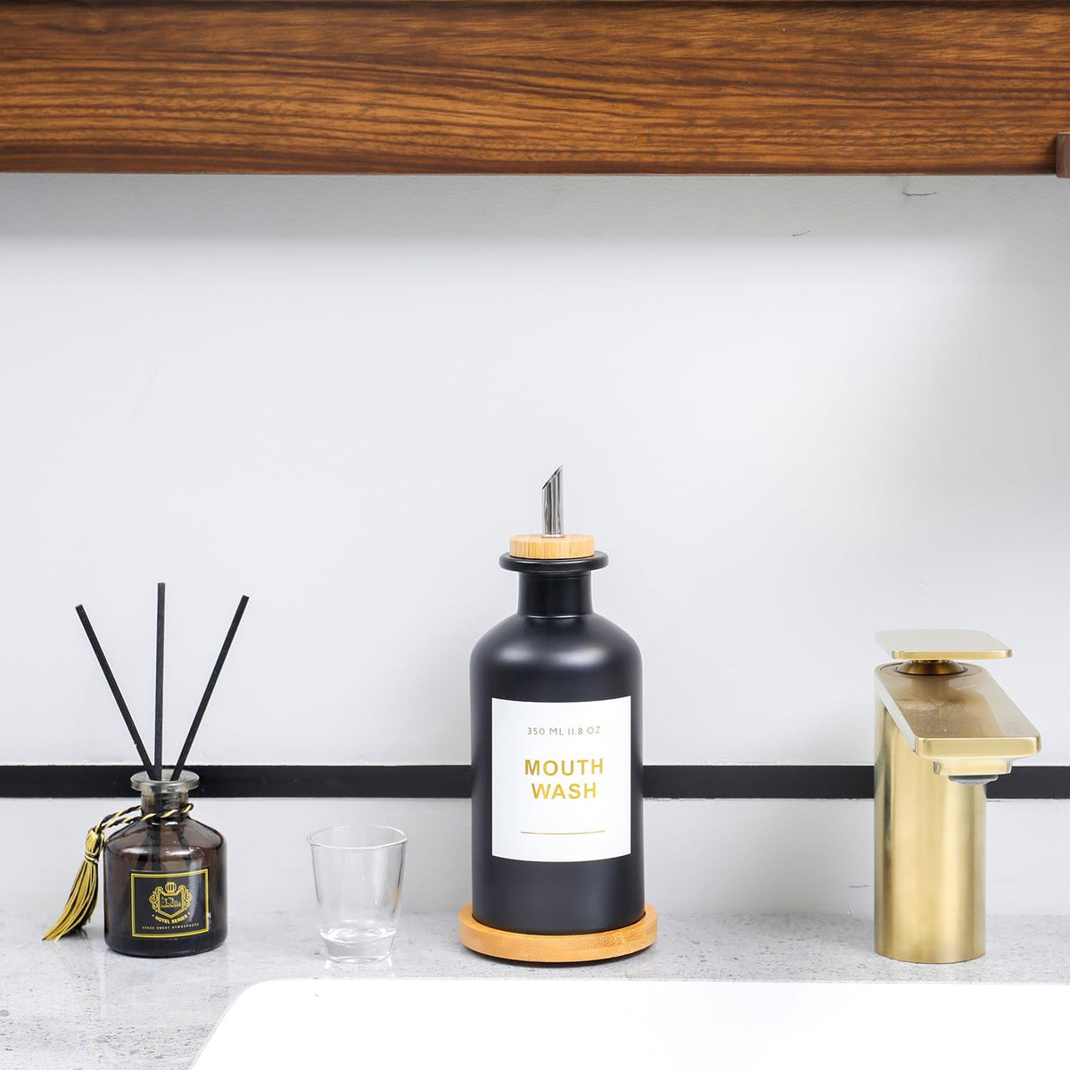 11.8OZ Glass Mouthwash Dispenser for Bathroom, Black
