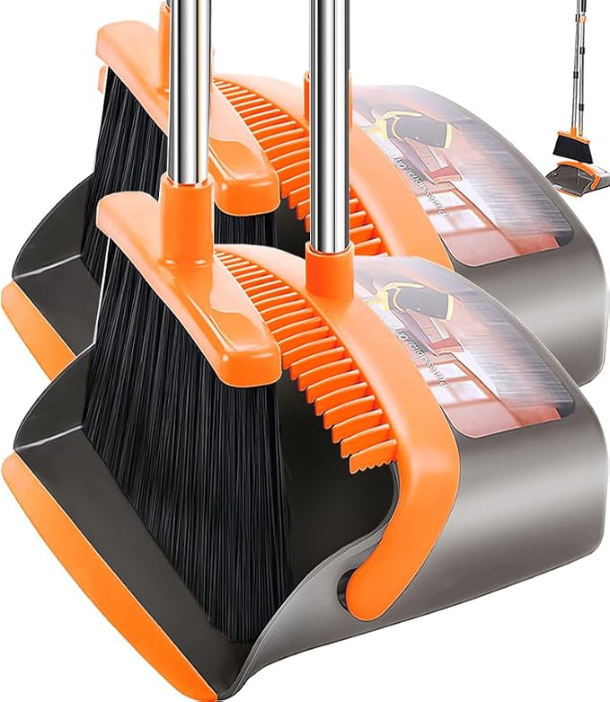 2 Pack is More economical,Upgraded Broom and Dustpan,with 52" Long Handle, Dustpan Teeth with self-Cleaning Function, Indoor and Outdoor Sweeping, Perfect for Home Office (Large Size/Orange /2-Pack)