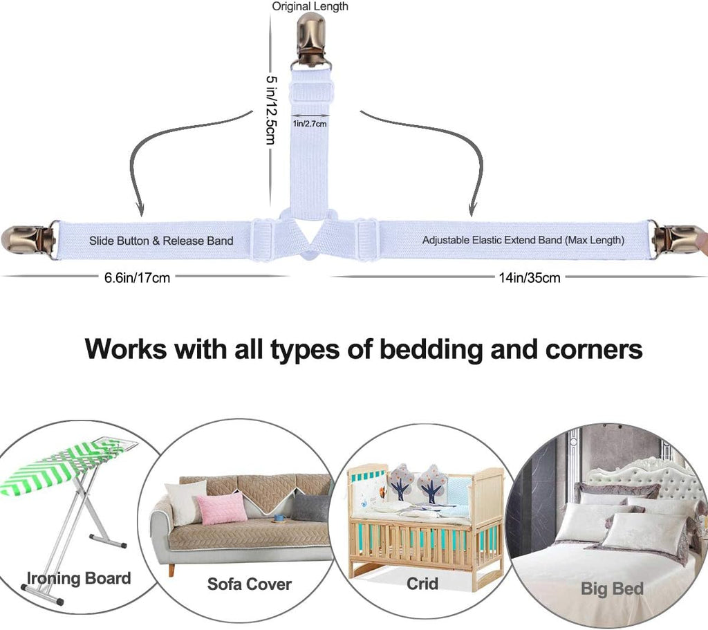 Bed Sheet Holders Straps Fasteners - 4 Pcs Triangle Sheet Fasteners Fitted Sheet Corner Holder Elastic Adjustable Band Sheet Holders Clip Suspenders Grippers(White)