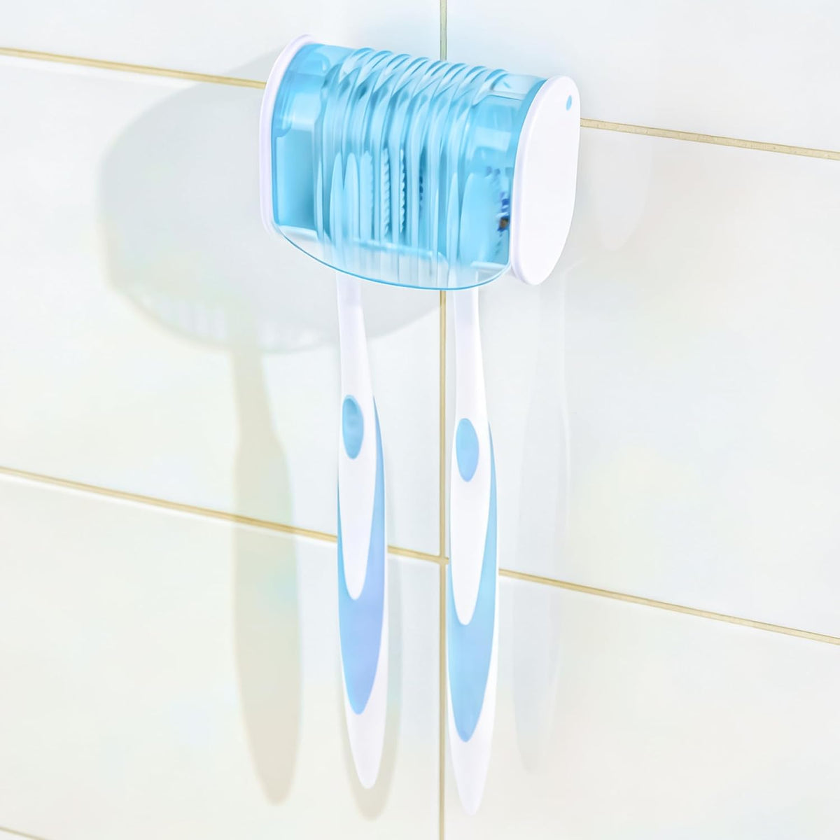 2 Pack Toothbrush Holder Wall Mounted with Cover for Bathroom, 2 Slots Toothbrush Storage Organizer for Shower, Self Adhesive Toothbrush Hanger (Blue)