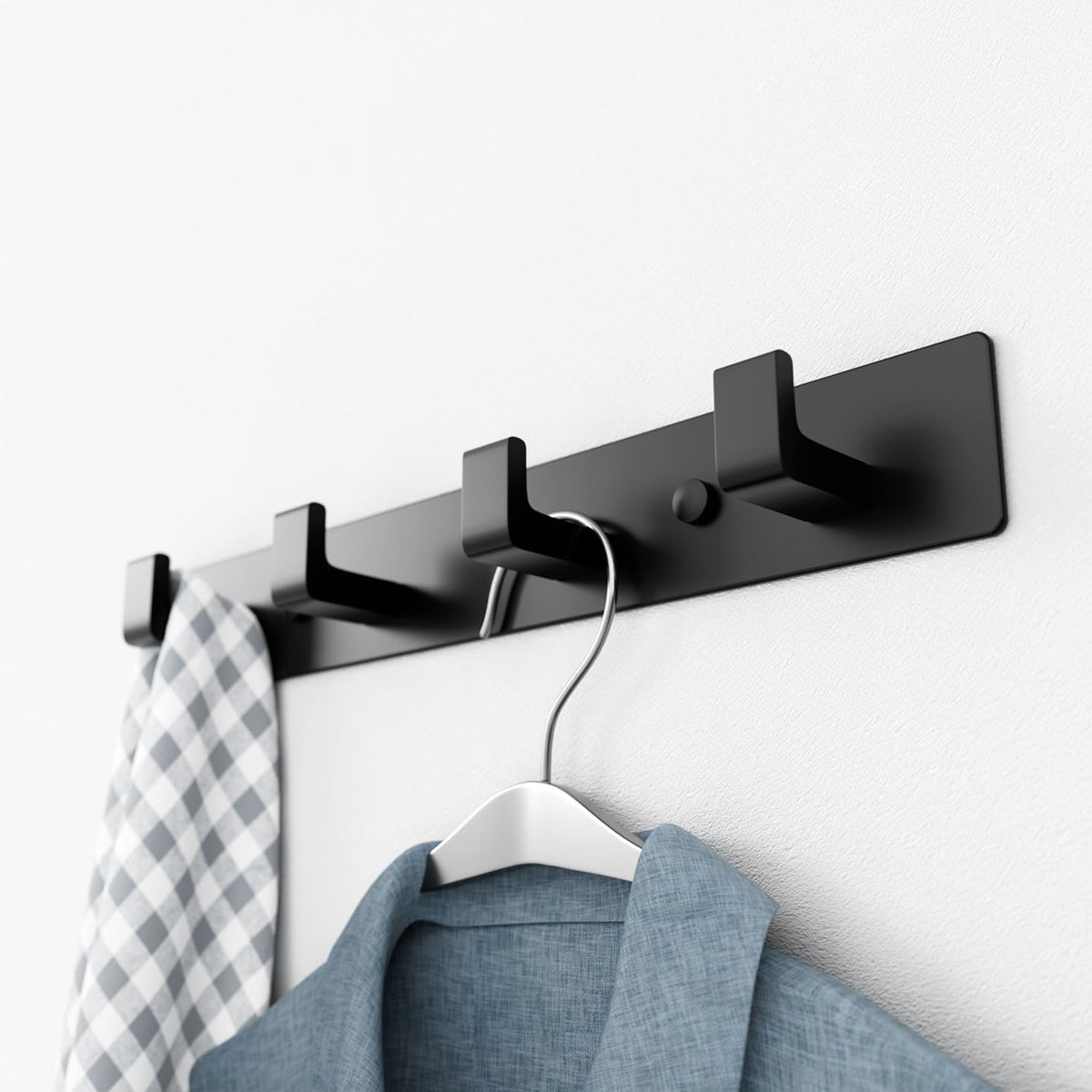Black Coat Rack Wall Mount - 12.5" Rail with 4 Right-Angle Hooks(2 Pack)