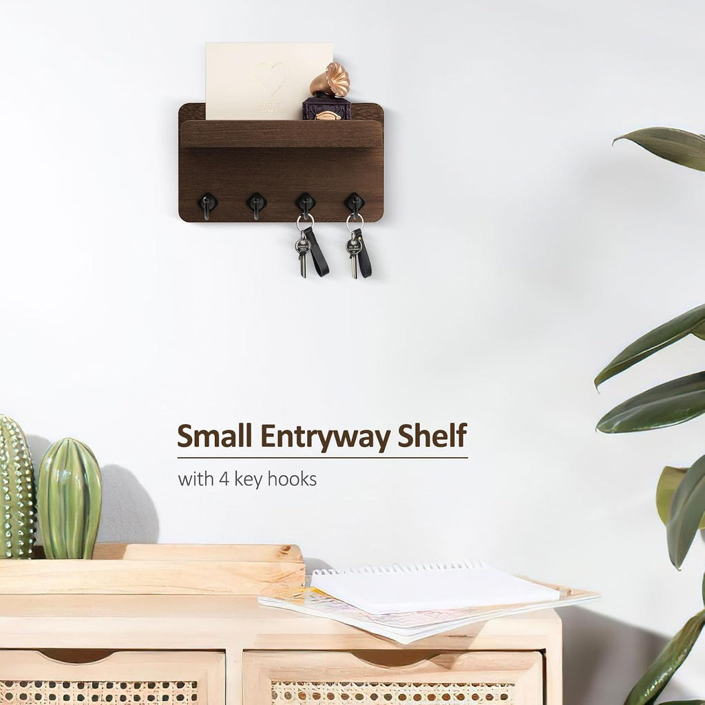 Nekon Key Holder Wall Mount, 8.5 Inch Small Wooden Wall Organizer, Brown