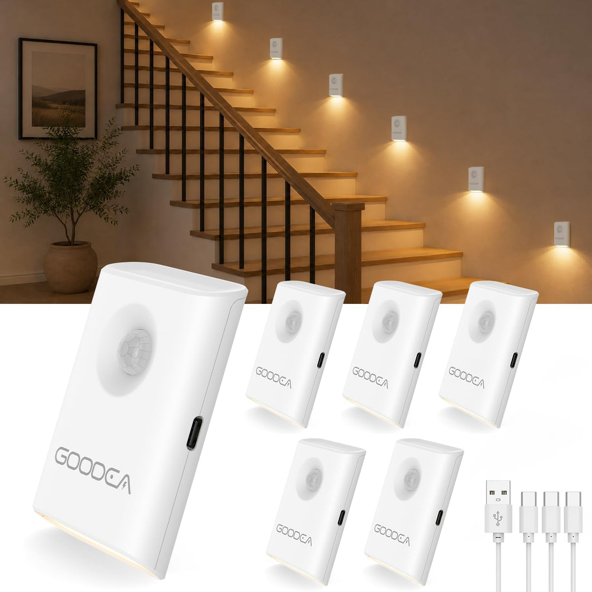GOODEA 6-Pack Magnetic Motion Sensor Night Light with Rechargeable Battery