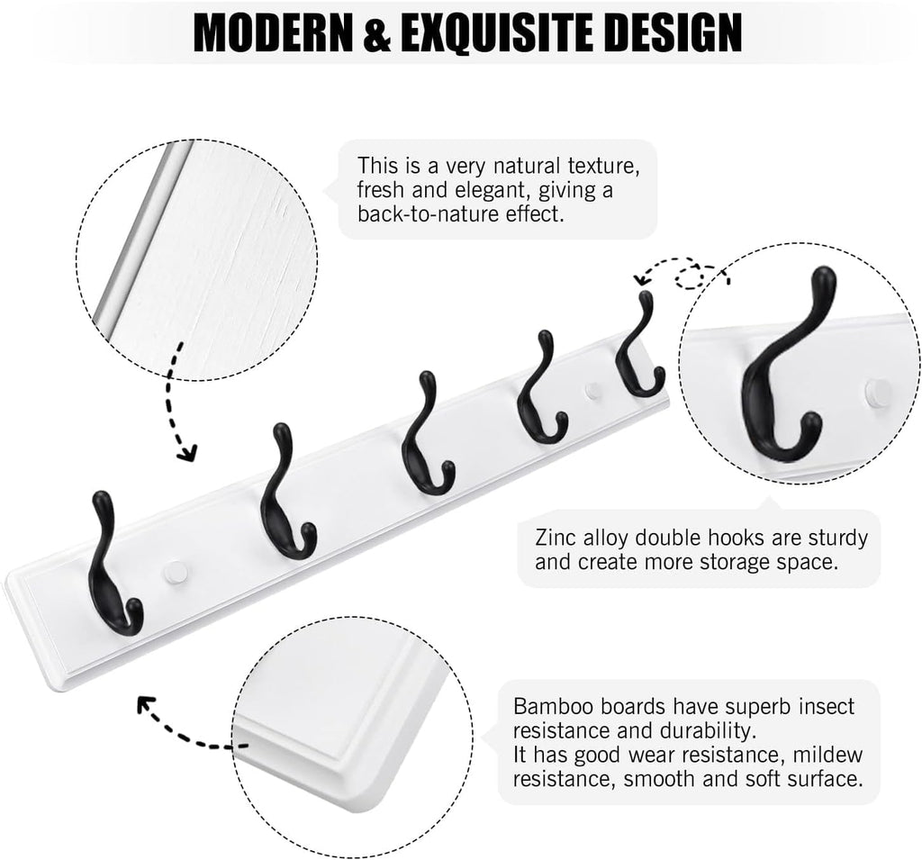 Heavy Duty Wooden Coat Rack, Wall-Mounted, Black Hook White Board, 24 Inch