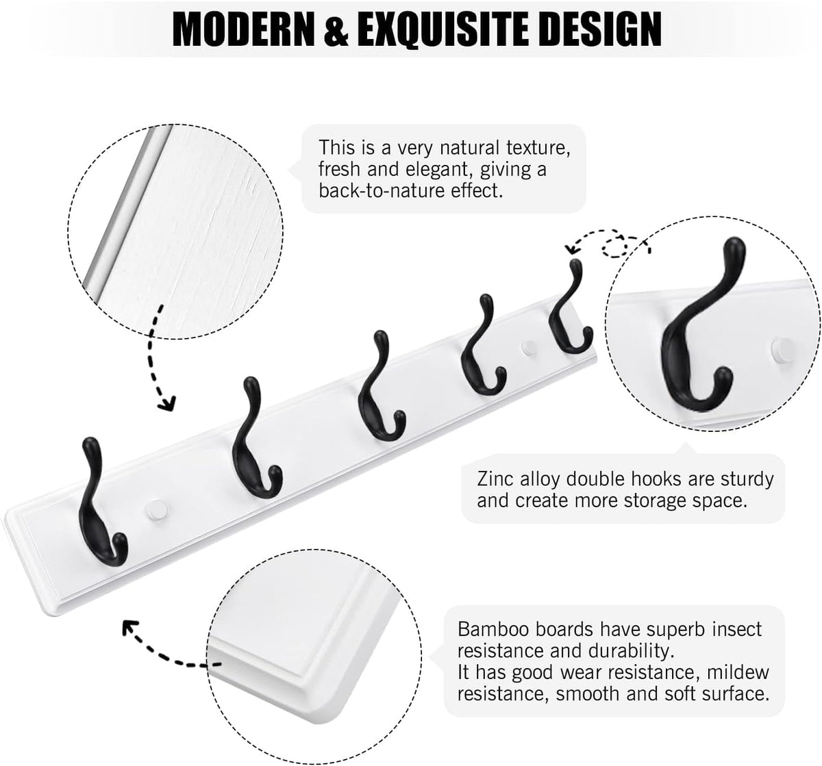 Heavy Duty Wooden Coat Rack, Wall-Mounted, Black Hook White Board, 24 Inch