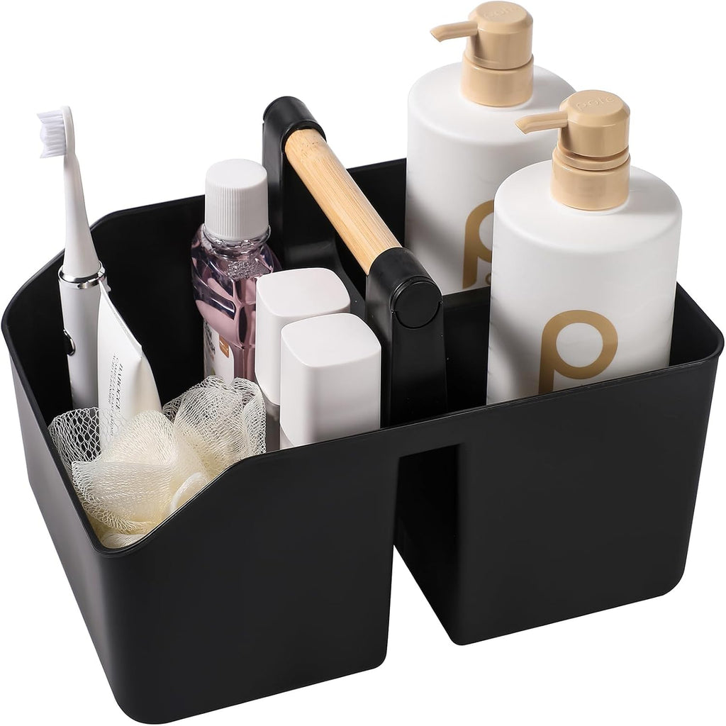 rejomiik Plastic Shower Caddy, Portable Basket with Bamboo Handle, Black