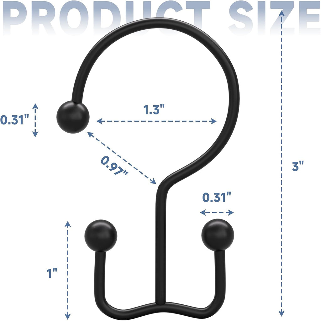 Titanker Shower Curtain Hooks Rings, Rust Resistant Metal Minimalist Simple Double Glide Shower Hooks Rings for Bathroom Shower Rods Curtains, Set of 12 Hooks - Black