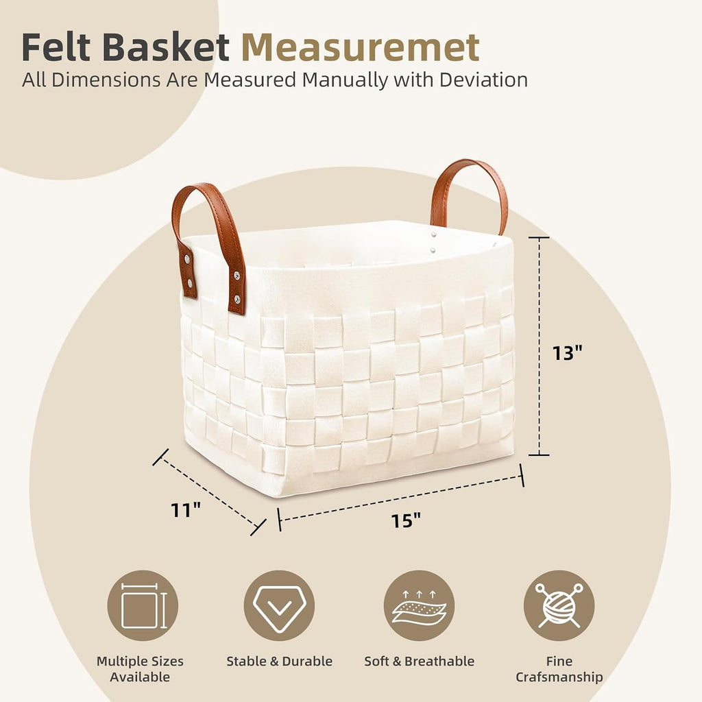 boldmonkey Blankets Basket 15 " x13 x11 2 Pack, Large Rectangular Laundry Hamper with Leather Handle, Soft Dog Toy Basket for Storage-Beige
