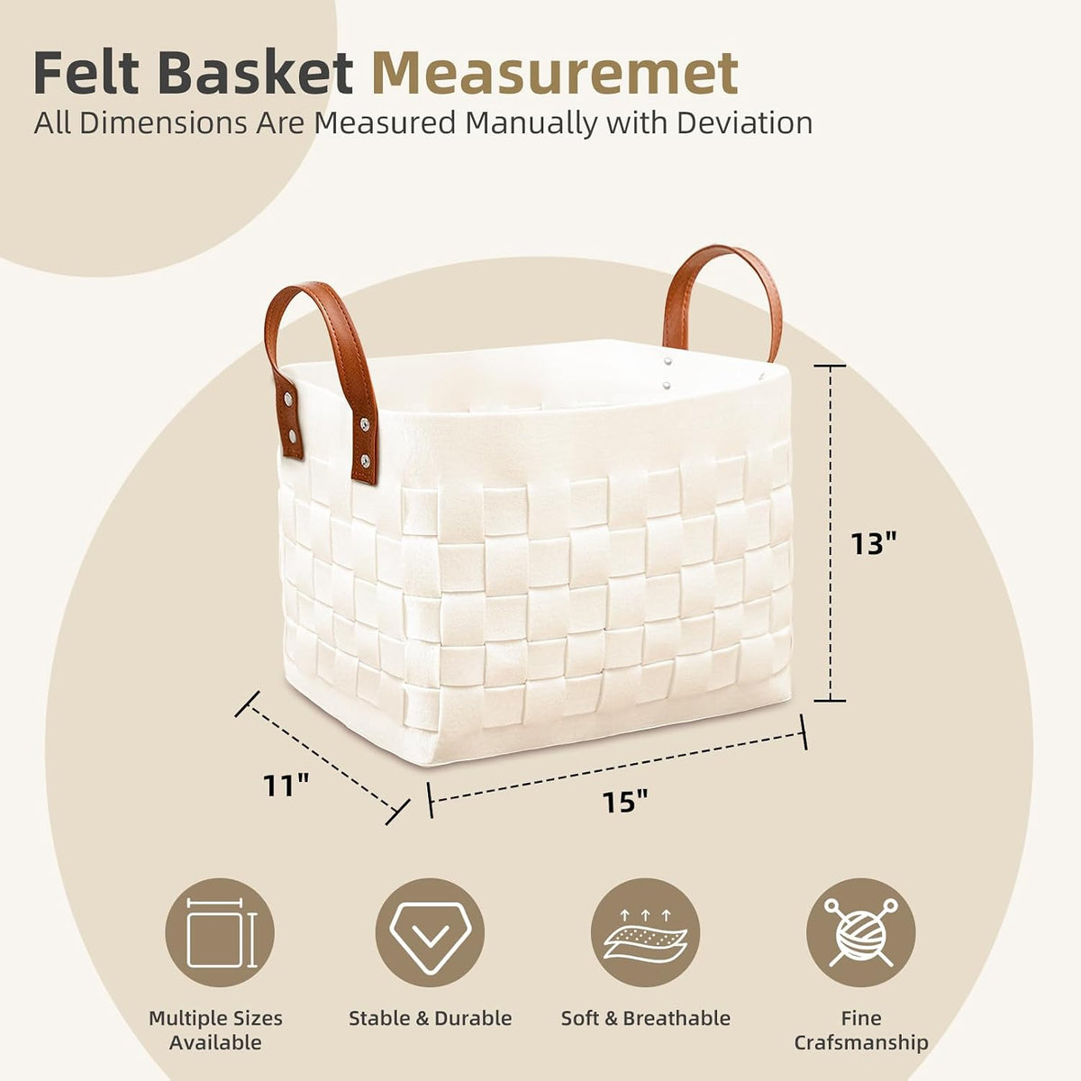 boldmonkey Blankets Basket 15 " x13 x11 2 Pack, Large Rectangular Laundry Hamper with Leather Handle, Soft Dog Toy Basket for Storage-Beige