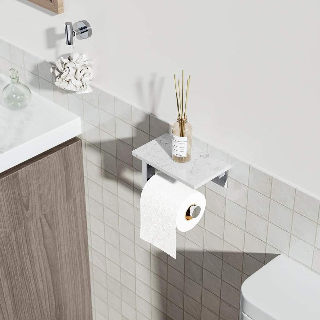 Chrome Toilet Paper Holder with Marble Shelf Tissue Roll Holder
