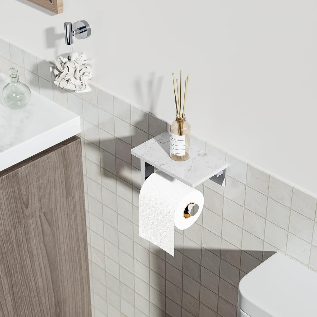 Chrome Toilet Paper Holder with Marble Shelf Tissue Roll Holder