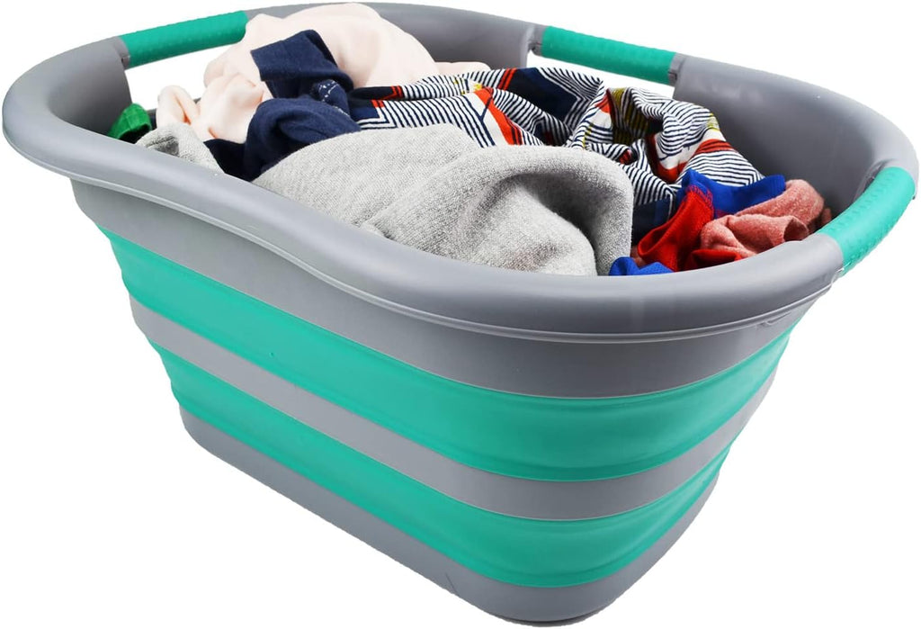 SAMMART 30L (7.9 gallon) Collapsible Plastic Laundry Basket - Foldable Pop Up Storage Container/Organizer - Portable Washing Tub - Space Saving Hamper/Basket (Dark Grey/Bluish-Green (Set of 2))