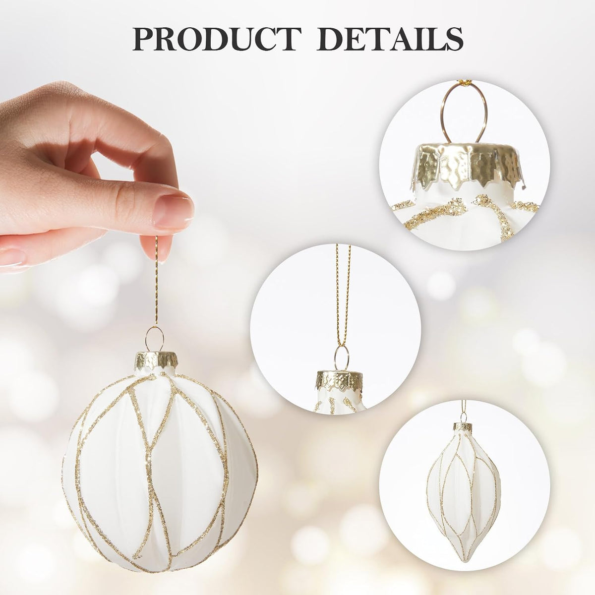 WDS WONDROUS Christmas Ornaments White and Gold Line, Glass Christmas Ball