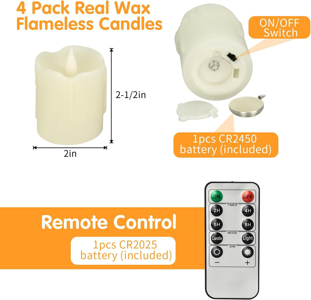 4 Pack Real Wax Flameless Candles with Remote, 2" x 2.5", Last 240H